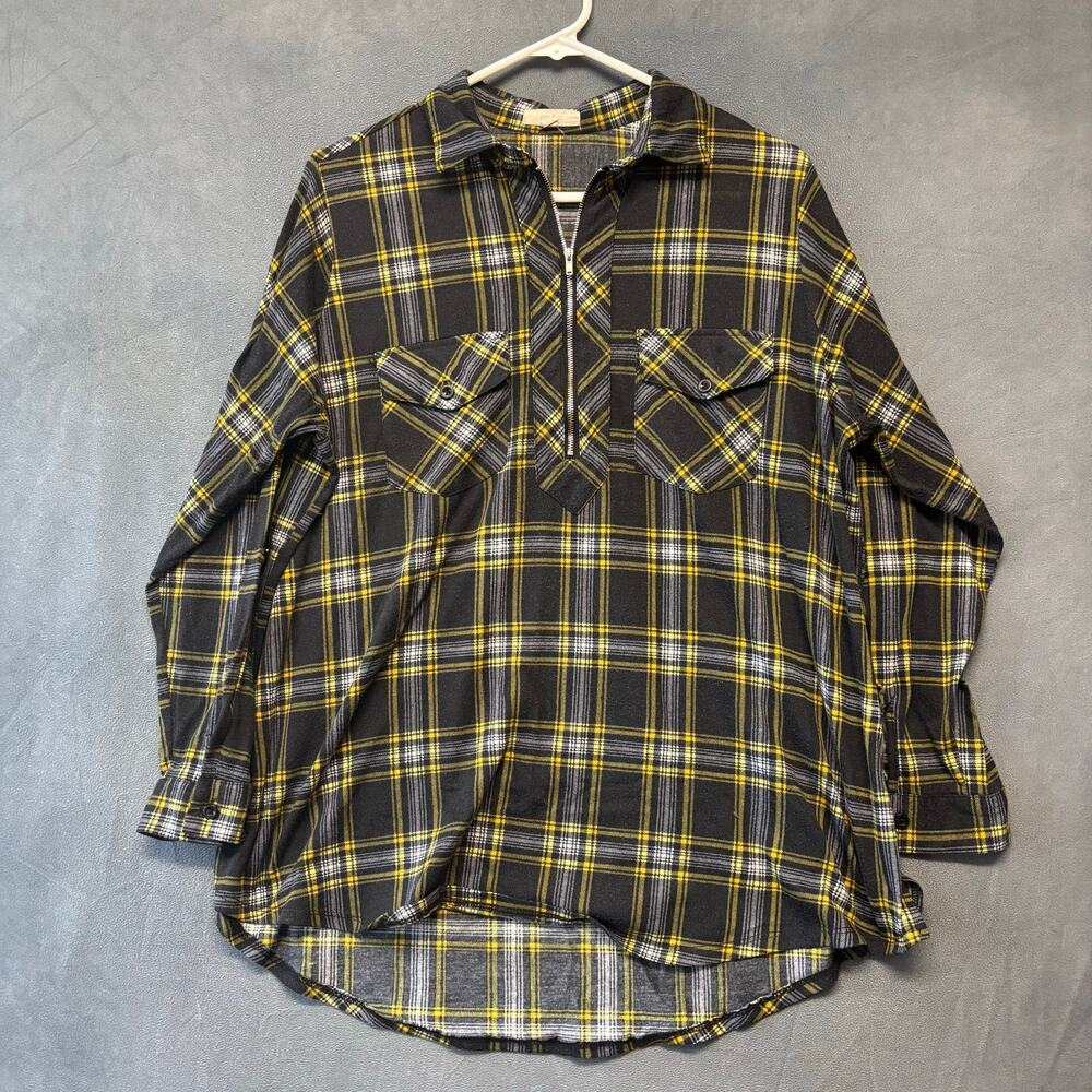 Me & U Plaid Zip Shirt XL Black Yellow Grunge Flannel Top Rockabilly Half Zip